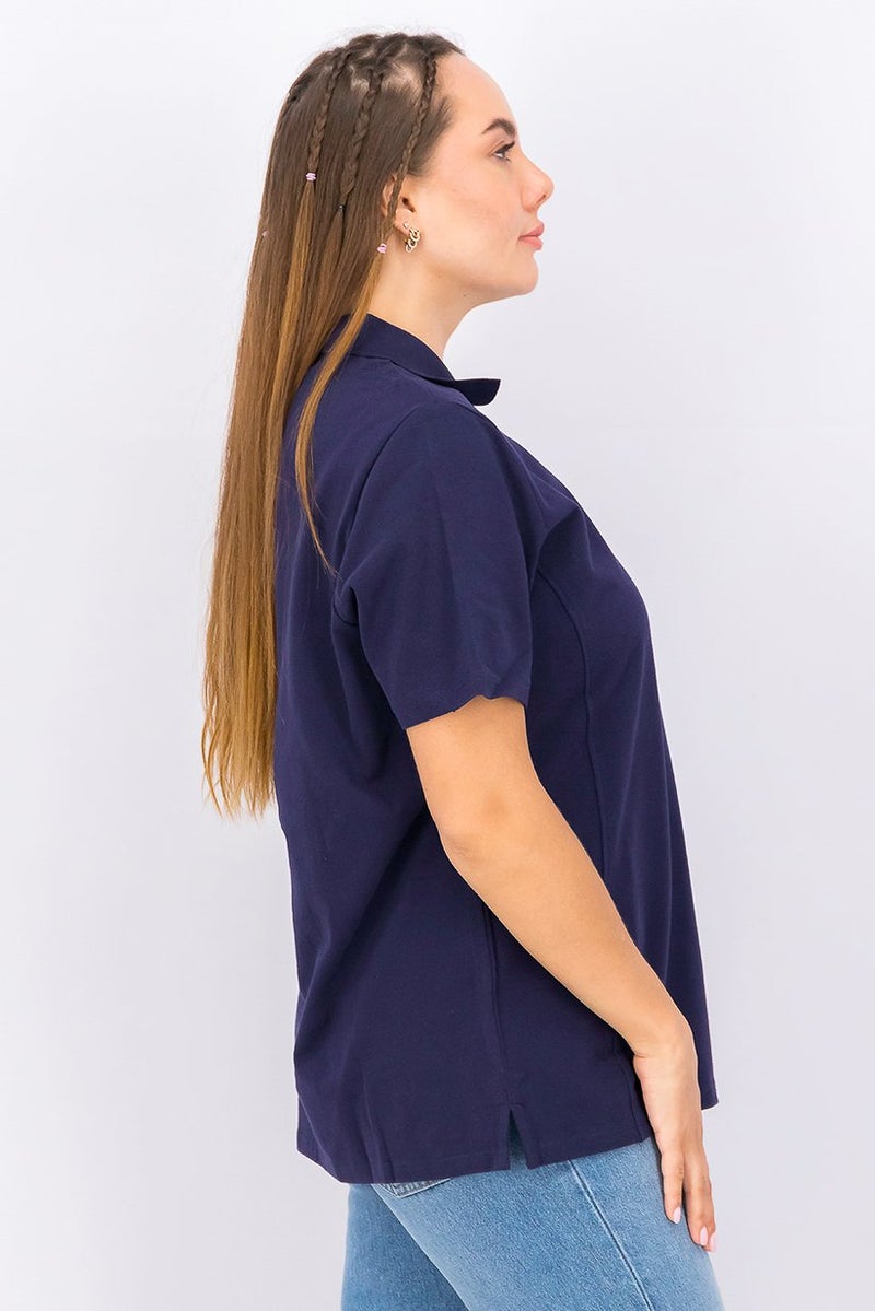 Tchibo Women Spread Collar Short Sleeve Polo Shirt, Navy - Image 4